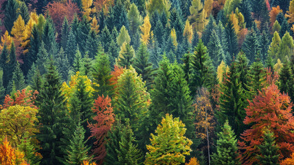 a forest with a vibrant mix of evergreen and deciduous trees in autumn