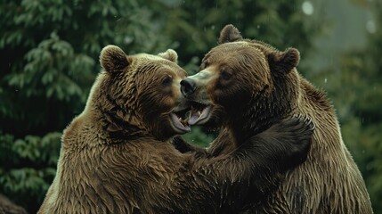Obraz premium Entertaining bears wrestling in a forest close-up