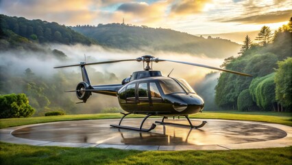 A sleek black helicopter with rotor blades folded, parked on a helipad surrounded by lush greenery, with a calm misty morning atmosphere.