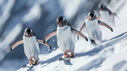 Fototapeta premium Laughable penguins skiing downhill close-up