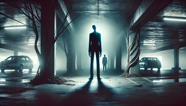 Chilling Urban Legend: Faceless Slenderman in a Foggy Forest with Eerie Shadows