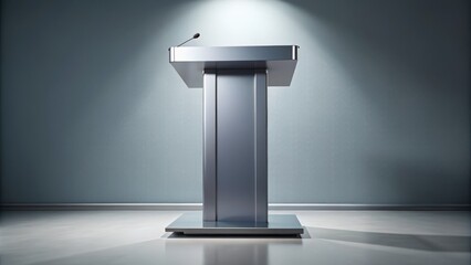 A sleek grey podium stands alone on a minimalist stage, its modern design and clean lines evoking a sense of sophistication and professional authority.