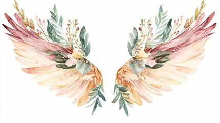 Boho Christmas angel ornament clipart, with feathered wings, watercolor illustration, muted colors, isolated on white background