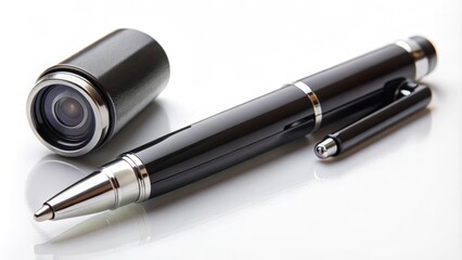 A sleek, high-tech writing instrument with a hidden camera and microphone, discretely concealed within a seemingly ordinary pen, perfect for covert surveillance operations.