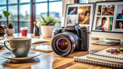 A sleek, modern camera lies on a cluttered desk surrounded by scattered photography magazines, rolls of film, and creative editing tools in a busy workspace.