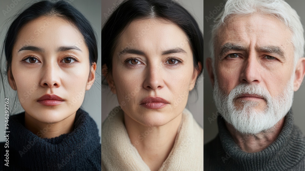 Poster three people showcase unique expressions in a neutral-toned setting, highlighting their diverse back