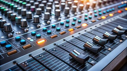 Fototapeta premium A sleek, modern sound system control panel with a prominent rounded playback button and various other buttons and knobs for adjusting audio settings.