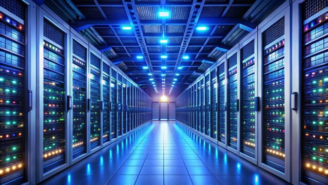 A sleek, modern server room filled with rows of humming servers and blinking lights, representing a dedicated IP address for secure online connections.