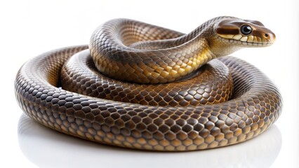 Obraz premium A sleek serpent coils against a pristine white background, its scaly body glistening in sharp contrast, showcasing the beauty of this often-feared reptile.