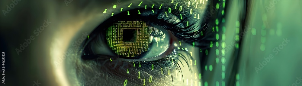 Wall mural digital matrix eye with cascading green code futuristic tech concept for vision identity and securit