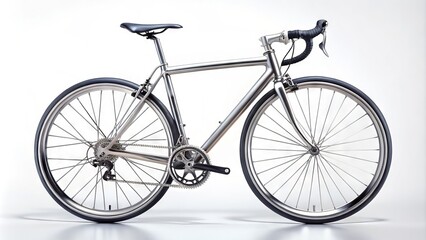 A sleek silver road bike stands upright on a pristine white background, its wheels and gears gleaming, evoking a sense of speed and freedom.