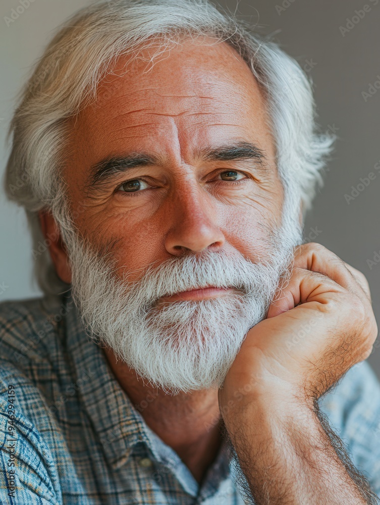 Poster a mature individual displays a contemplative look while resting his chin on his hand, surrounded by 