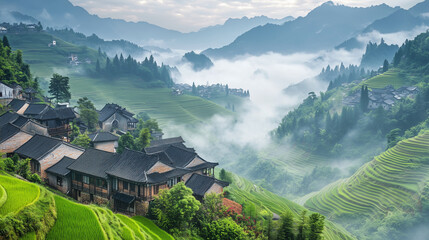 A misty morning over ancient terraced rice fields, with layers of vibrant green fields cascading down the mountainside, and a traditional Chinese village with tiled rooftops nestled in the valley