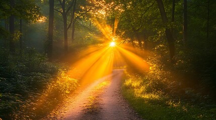 Obraz premium A serene forest path bathed in the warm golden light of the sunrise, with sun rays streaming through the trees and creating a peaceful, enchanting atmosphere.