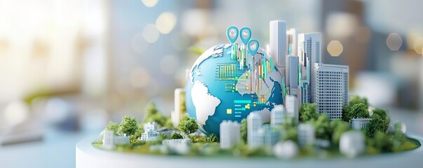 3D model of a globe with buildings emerging from it, with productivity charts embedded in the landscape, symbolizing global economic growth