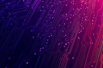  Abstract representation of a circuit board with glowing neon lines and geometric patterns against a dark background. The image evokes a high-tech, futuristic feel with ample copy space