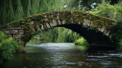 A close-up of an ancient stone bridge covered in moss, arching over a slow-moving river, with weeping willows gently dipping their branches into the water
