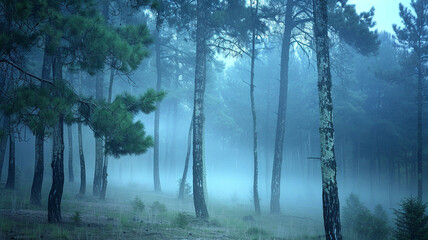 Fototapeta premium a misty forest scene at dawn with tall pines shrouded in fog
