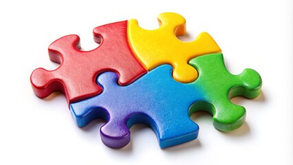 A solitary, brightly colored jigsaw puzzle piece lies isolated on a white background, waiting to be fit into its corresponding puzzle, symbolizing unity and wholeness.