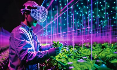 A person uses cutting-edge virtual reality technology to enhance agricultural practices. Surrounded by lush greenery and colorful lighting, innovation thrives in this indoor setting - Powered by Adobe