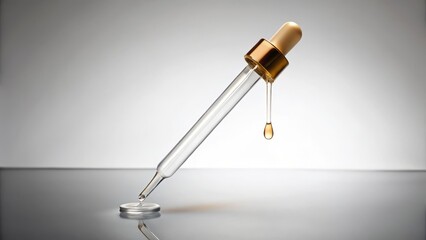 A solitary, transparent pipette dropper with a rounded bulb and long, slender tube stands upright on a stark white background, holding a small amount of oil.