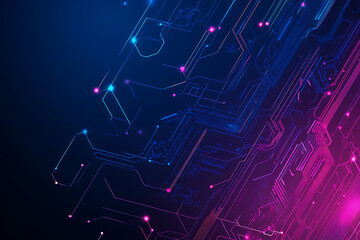 Obraz premium Abstract representation of a circuit board with glowing neon lines and geometric patterns against a dark background. The image evokes a high-tech, futuristic feel with ample copy space