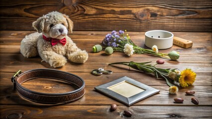 A sorrowful arrangement of deceased beloved pet's personal items, including a worn collar, favorite toys, and a sympathy card, on a solemn wooden table.