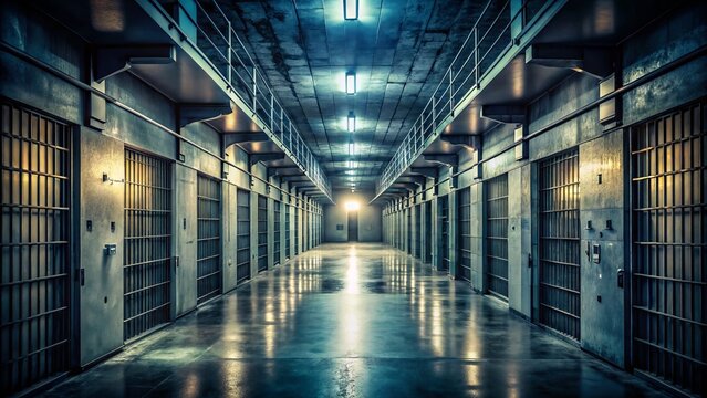 A somber, isolated corridor lined with cells and locked doors, dimly lit, with a sense of confinement and despair, evoking a feeling of hopelessness.