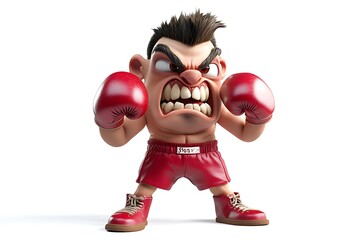 Feisty Cartoon Boxer with Big Nose in Red Shorts and Gloves Exuding Aggression on White Background - 3D Illustration