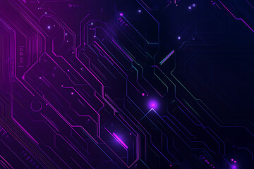 Obraz premium Abstract representation of a circuit board with glowing neon lines and geometric patterns against a dark background. The image evokes a high-tech, futuristic feel with ample copy space