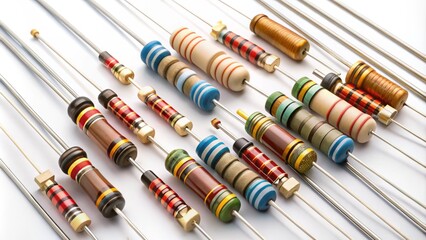 Assorted electrical resistors in various sizes and colors, with metal leads and ceramic bodies, arranged in a grid on a white background.