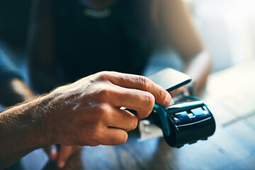 Hands, people and smartphone on machine for payment with contactless transaction and checkout at POS. Fintech, cashier and customer with app for easy scan closeup, internet banking or shop purchase