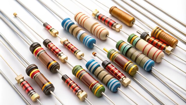 Assorted electrical resistors in various sizes and colors, with metal leads and ceramic bodies, arranged in a grid on a white background.