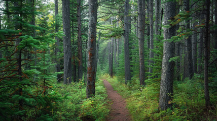 Fototapeta premium a serene forest scene with a narrow trail leading through tall, whispering pines