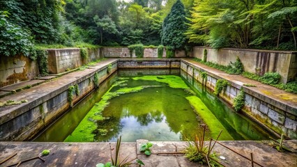 Fototapeta premium A stagnant pool of water surrounded by overgrown vegetation and fungus, with murky green water and mold-covered concrete, evoking a sense of neglect and decay.