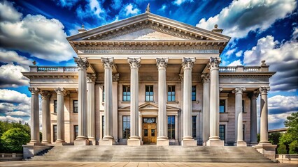 Obraz premium A stately, neoclassical-style courthouse building with columns and ornate details stands proudly, symbolizing justice and law, set against a clear blue sky with fluffy white clouds.