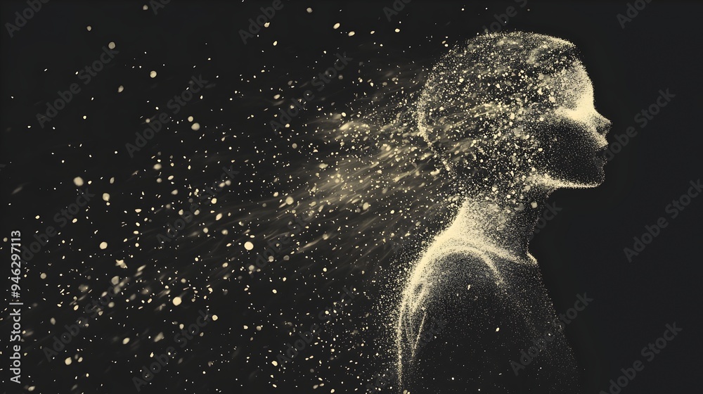 Poster conceptual digital image depicting a doll dissolving into particles of glowing light with its faint 