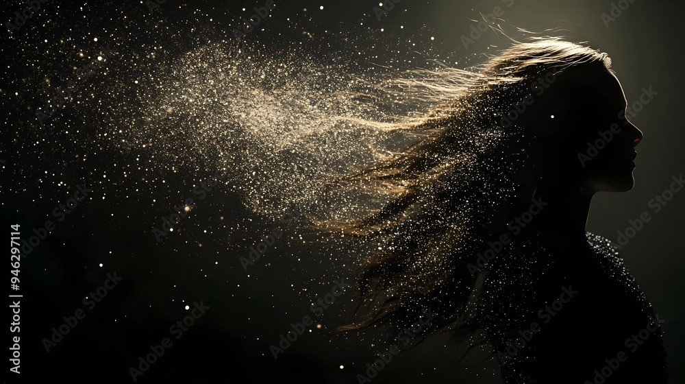 Poster a conceptual and surreal digital art image depicting a doll dissolving into ethereal particles of li