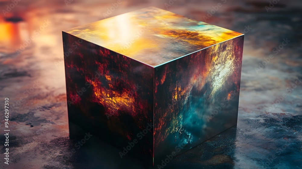 Poster a conceptual image showcasing a transparent box that reflects an alternate dimensional reality with 