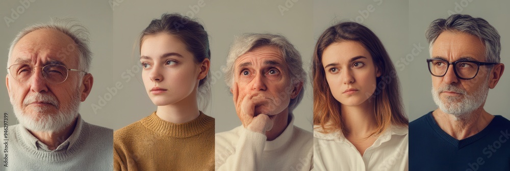 Poster five people showcasing different emotions sit against a neutral backdrop. their expressions range fr