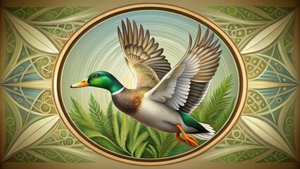 A stylized illustration of a duck in mid-flight, surrounded by a circular border with a subtle hunting-inspired design, in shades of green and brown.