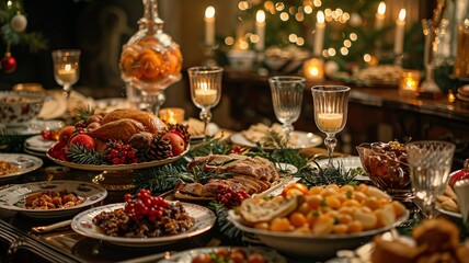 This inviting scene showcases a cozy Christmas dinner table filled with holiday treats, flickering candles, and charming decorations, embodying the warmth and joy of family gatherings.