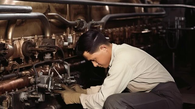 Engineer wearing gloves is repairing a large piece of industrial machinery in a factory setting. The image evokes the industrial age