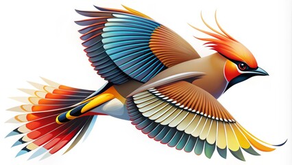 A stylized illustration of a waxwing bird in mid-flight, abstracted with bold lines and vibrant colors, forming a modern and eye-catching logo concept.