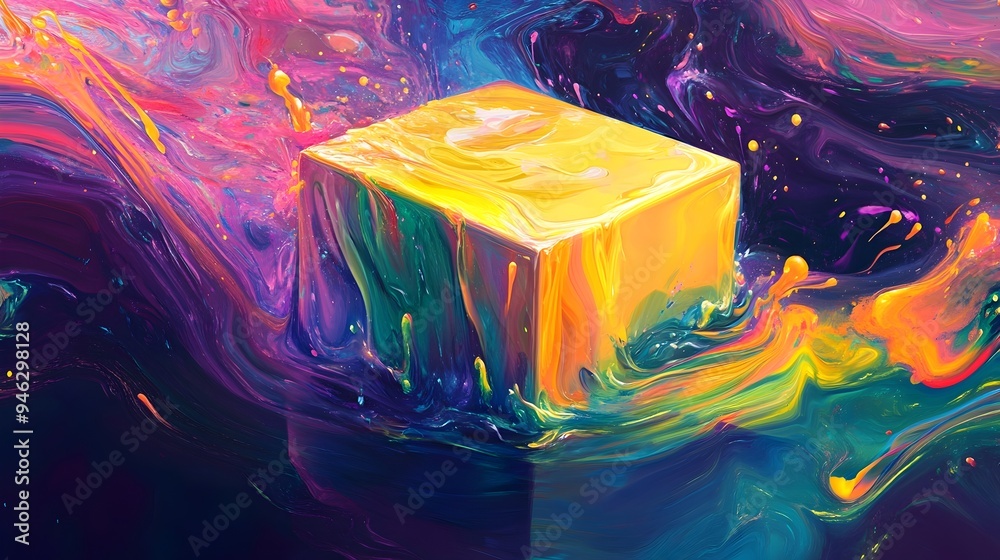 Poster a conceptual image of a box melting and dissolving into a pool of vibrant liquid light with abstract