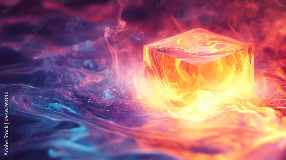 Poster a conceptual image depicting a box melting into a pool of vibrant liquid light with abstract shapes 