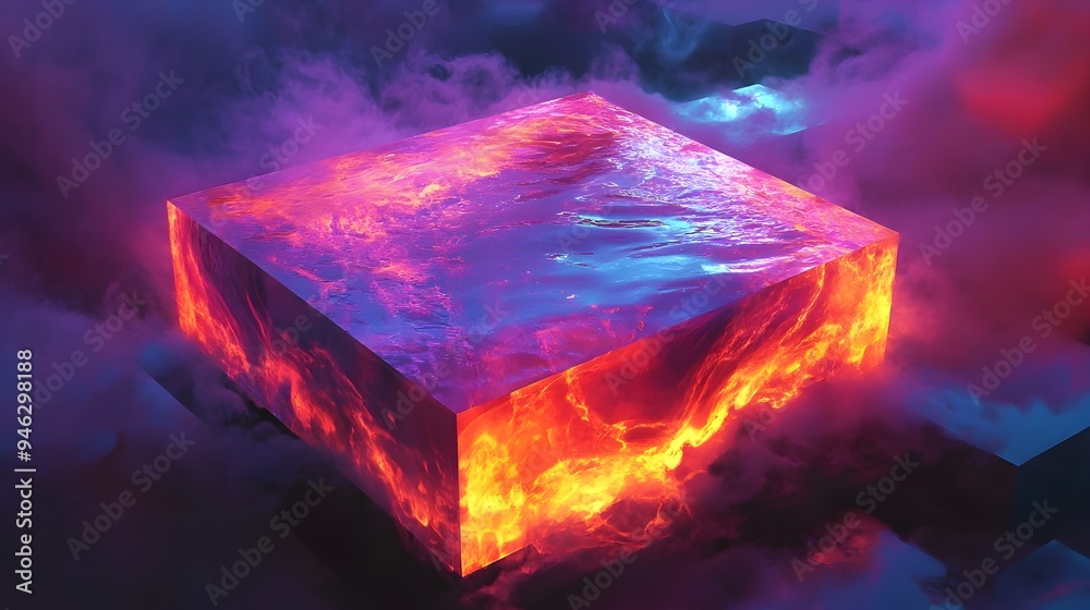 Poster a conceptual image depicting a box melting and dissolving into a vibrant shimmering pool of liquid l