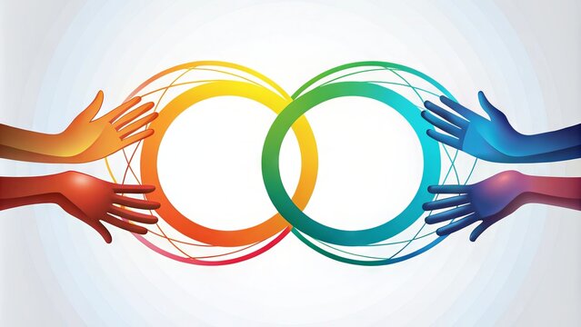 A stylized illustration of two interconnected circles with outstretched arms, symbolizing mutual support, care, and assistance, conveying a sense of unity and solidarity.
