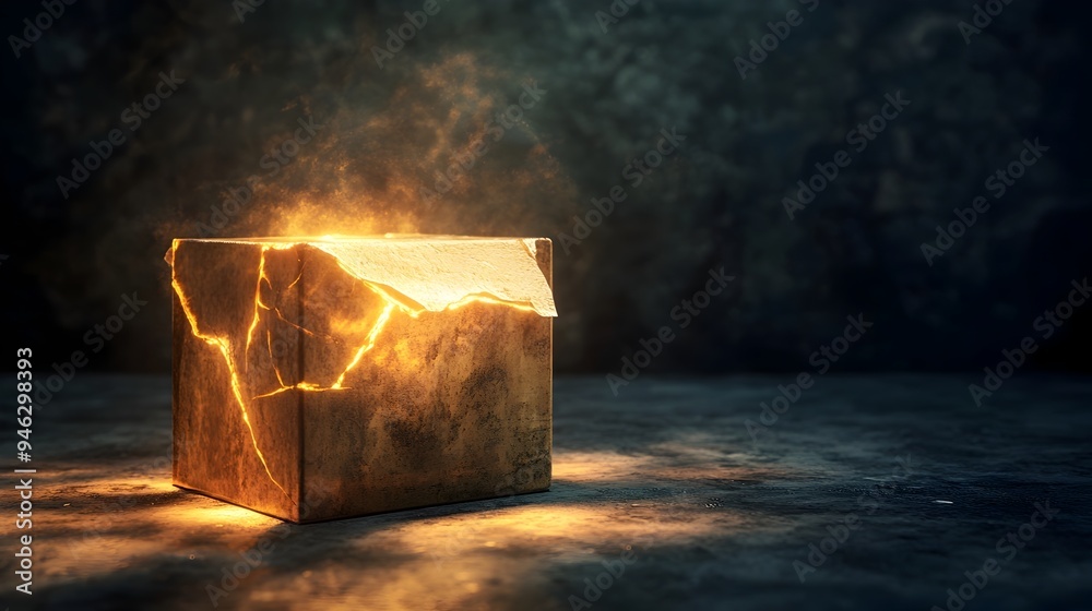 Poster a conceptual digital image of a box with cracks forming on its surface as if it s about to burst ope