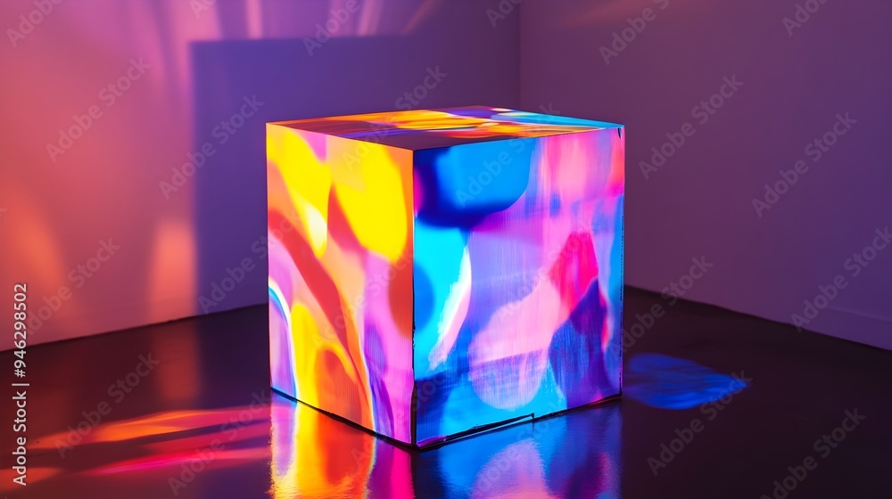 Poster a conceptual and visually striking image showcasing a box with vibrant abstract patterns projected o